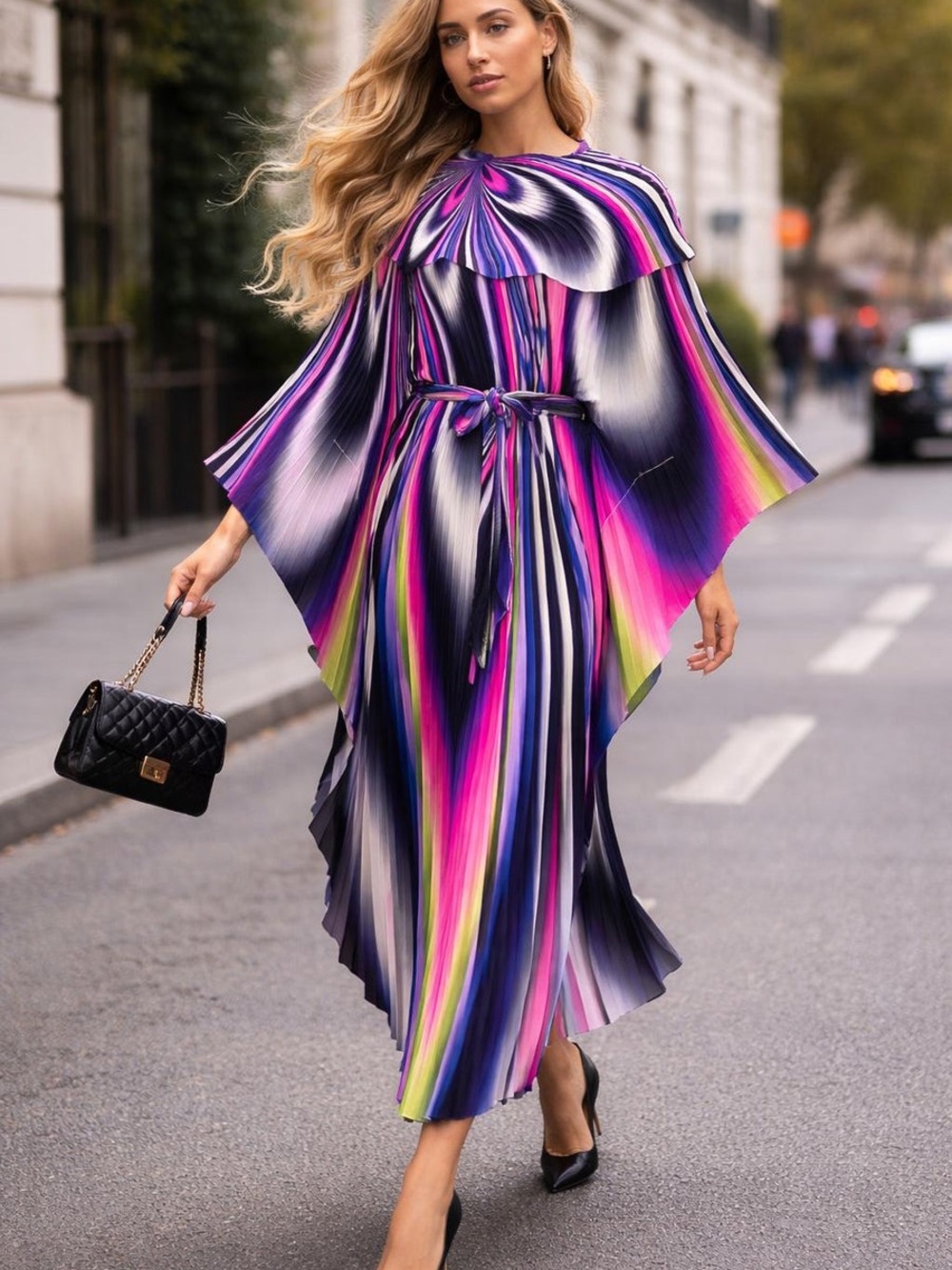 Elegant Multi-Stripe Pleated Maxi Dress - Purple & Pink